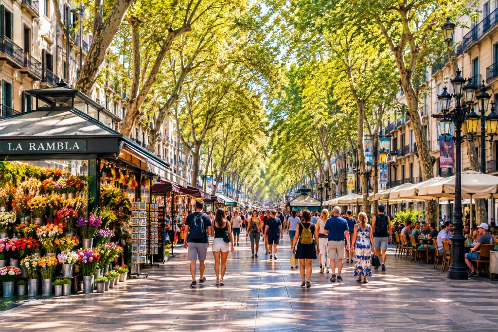 La Rambla in Barcelona with tree-lined streets, flower stalls and pedestrians